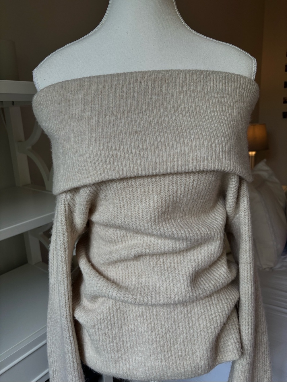 Off-Shoulder Ribbed Cream Sweater - Picture 3 of 3